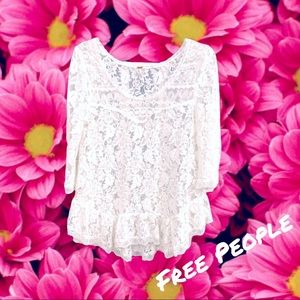 Free People white lace top with ruffles and bell sleeves size XS